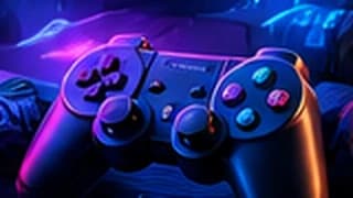 A game controller lit by neon pink and blue light