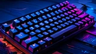 A backlit mechanical keyboard glowing blue and purple