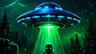 A UFO beaming green light into a forest at night