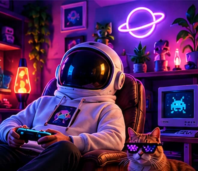 An astronaut in a hoodie playing a game in a neon-lit room full of lava lamps, figures and a cat in pixel sunglasses