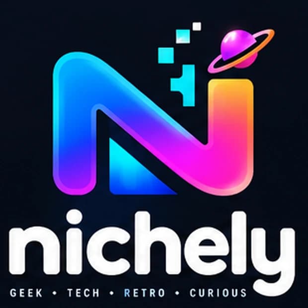 Nichely logo: a gradient N monogram above the nichely wordmark and the words geek, tech, retro, curious